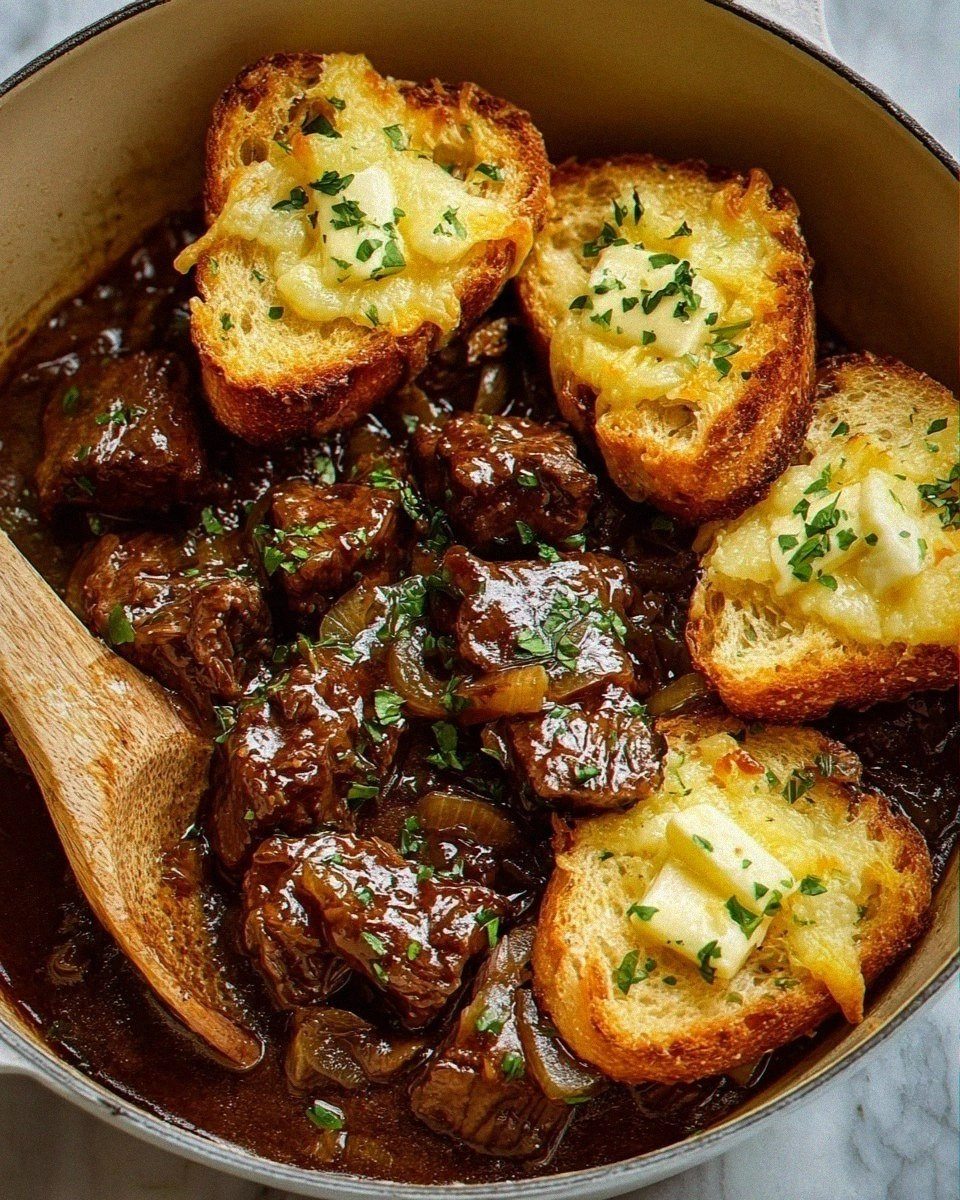 French Onion Beef Stew with Cheesy Bread Topping Recipe