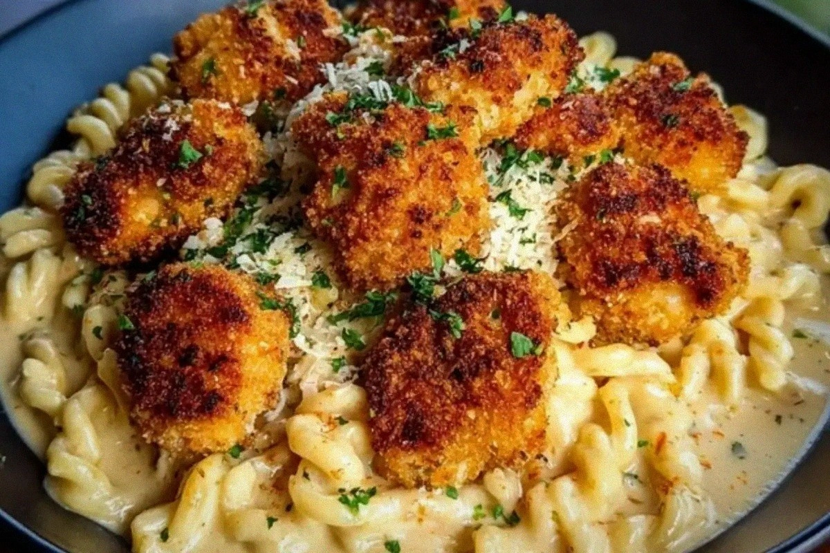 Parmesan Crusted Chicken Bites & Smoked Cajun Alfredo Gemelli