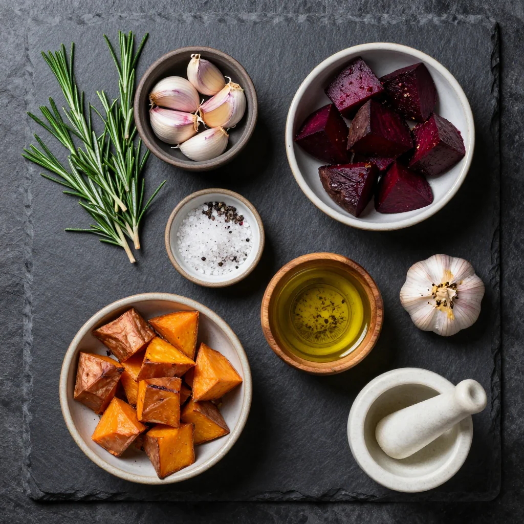 A birds-eye view of cubed sweet potatoes, diced beets, whole garlic cloves, and rosemary sprigs on butcher paper