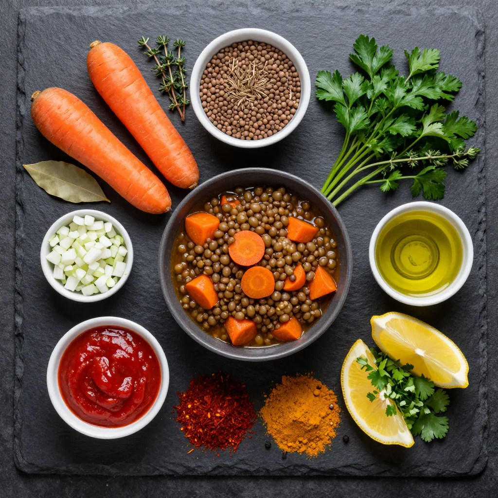 Ingredients for batch cooked lentil and carrot stew with fresh herbs and spices