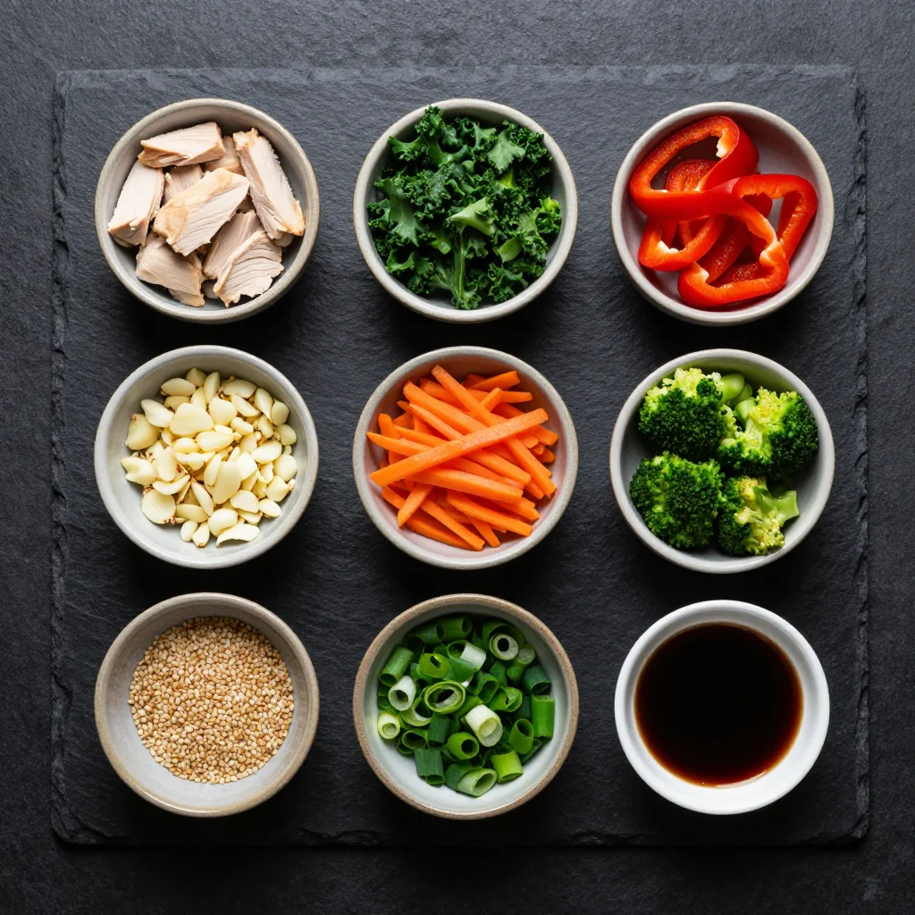 Ingredients for batch cooking friendly chicken and vegetable stirfry with kale
