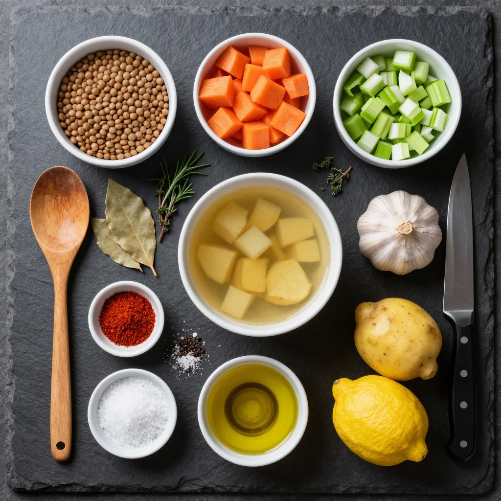 Ingredients for batch cooking friendly one pot lentil and root vegetable soup for families