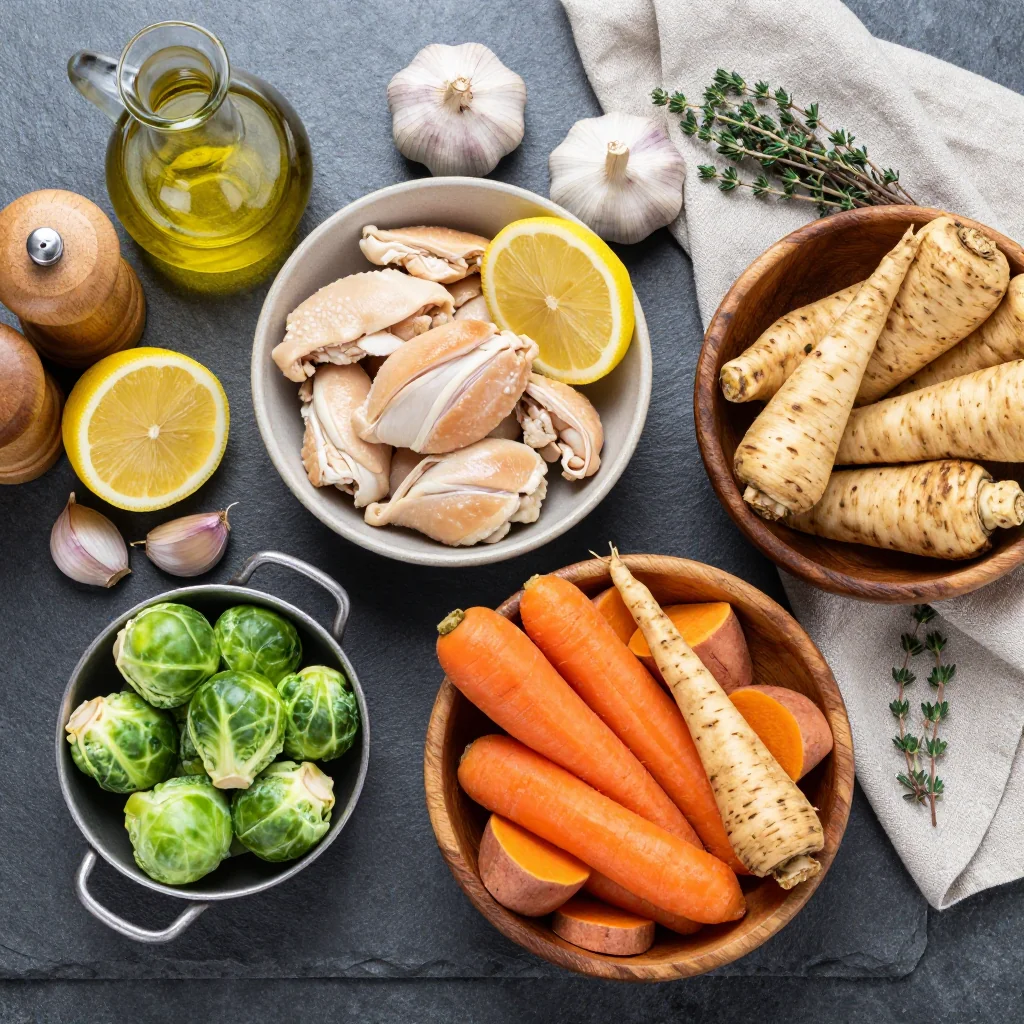 Ingredients for batch cooking healthy garlic and lemon chicken with root vegetables