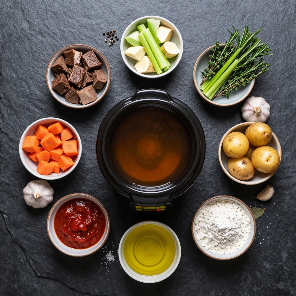 Ingredients for batch cooking slow cooker beef and vegetable stew for january comfort