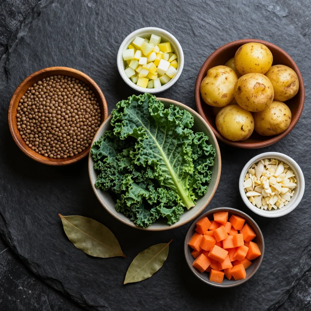 Ingredients for budgetfriendly slow cooker lentil potato and kale soup for family