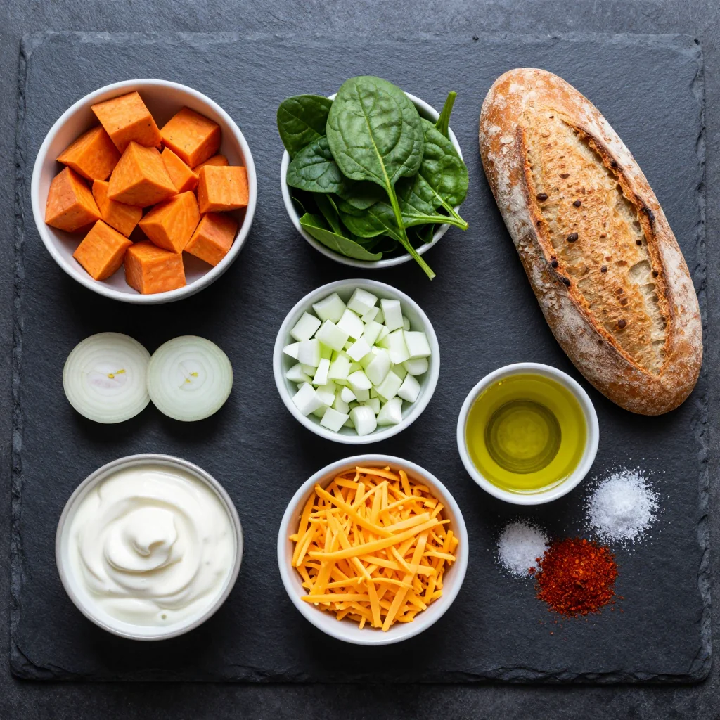 Ingredients for budgetfriendly sweet potato and spinach casserole for family meals