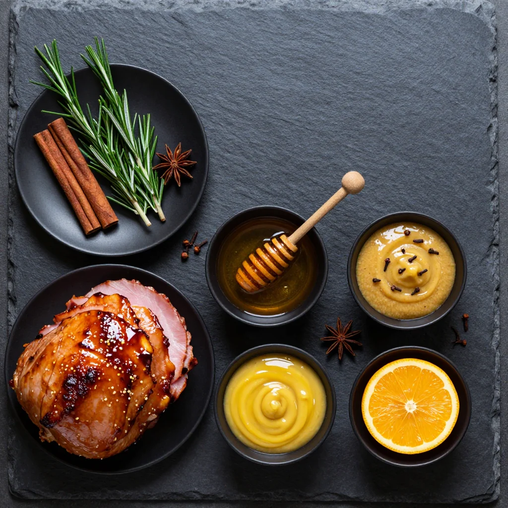 Ingredients for Christmas Ham with Citrus and Rosemary Glaze for Family Dinners