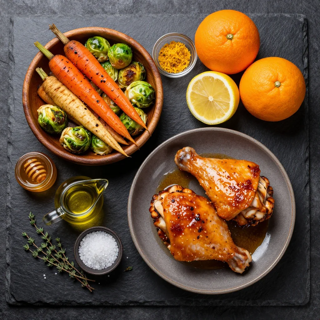 Ingredients for citrus glazed chicken with roasted winter vegetables for family dinners