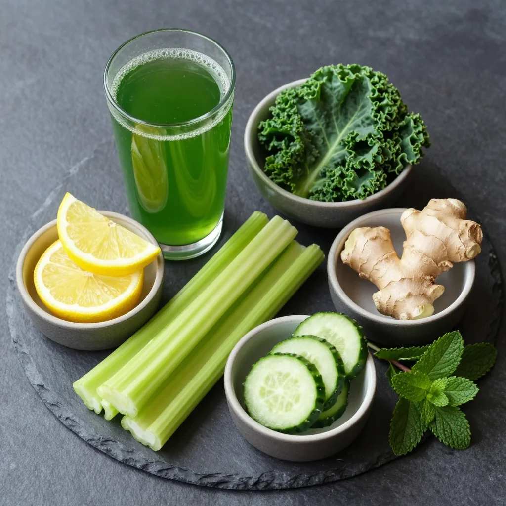 Citrus Green Juice Elixir ingredients laid out on a white marble counter
