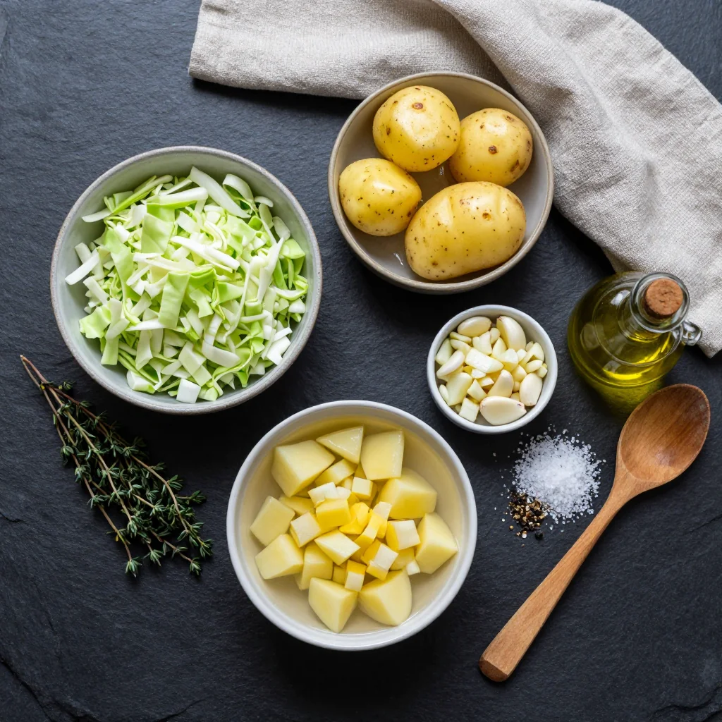 Ingredients for comforting cabbage and potato soup with fresh thyme for family meals