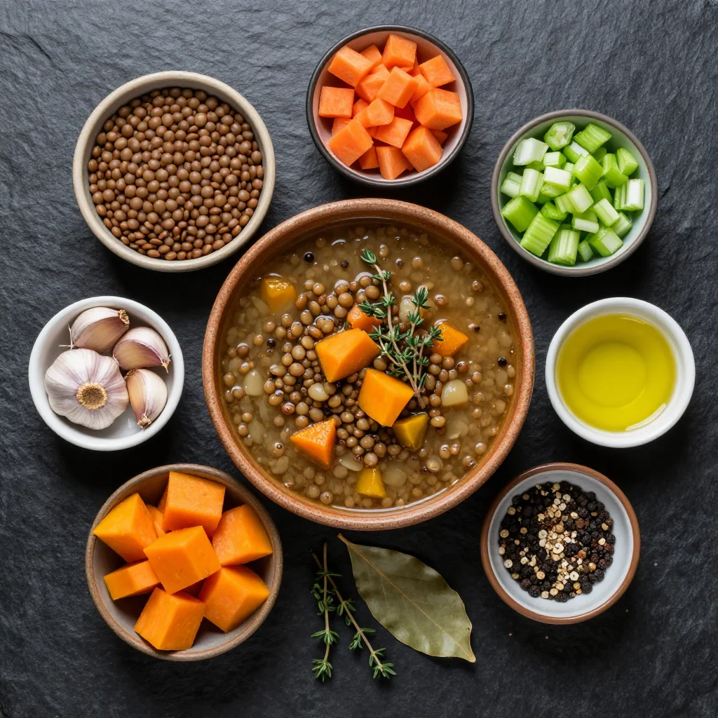 Ingredients for cozy one pot lentil and winter vegetable soup for healthy family suppers