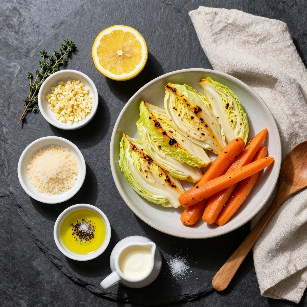 Ingredients for creamy lemon roasted cabbage and carrots for light family supper