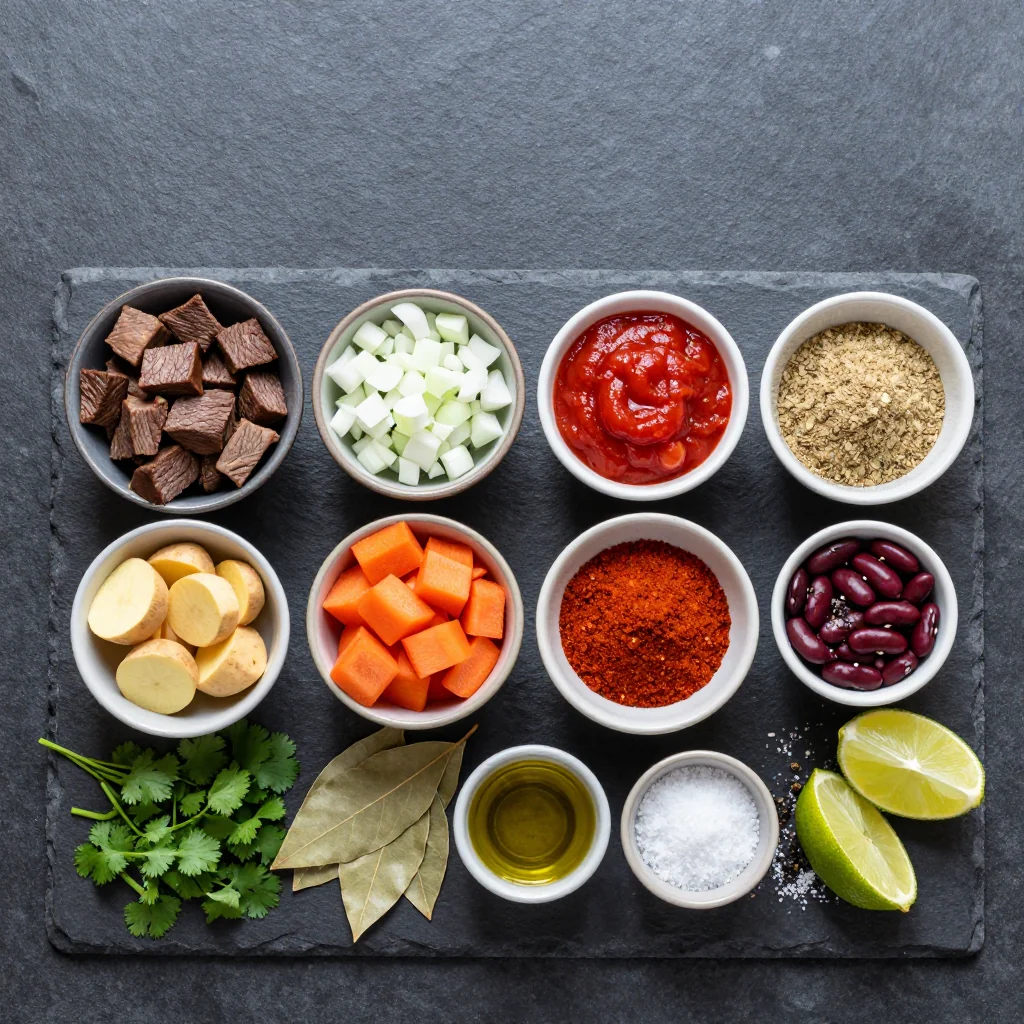 Ingredients for creamy slow cooker beef and root vegetable chili for family suppers