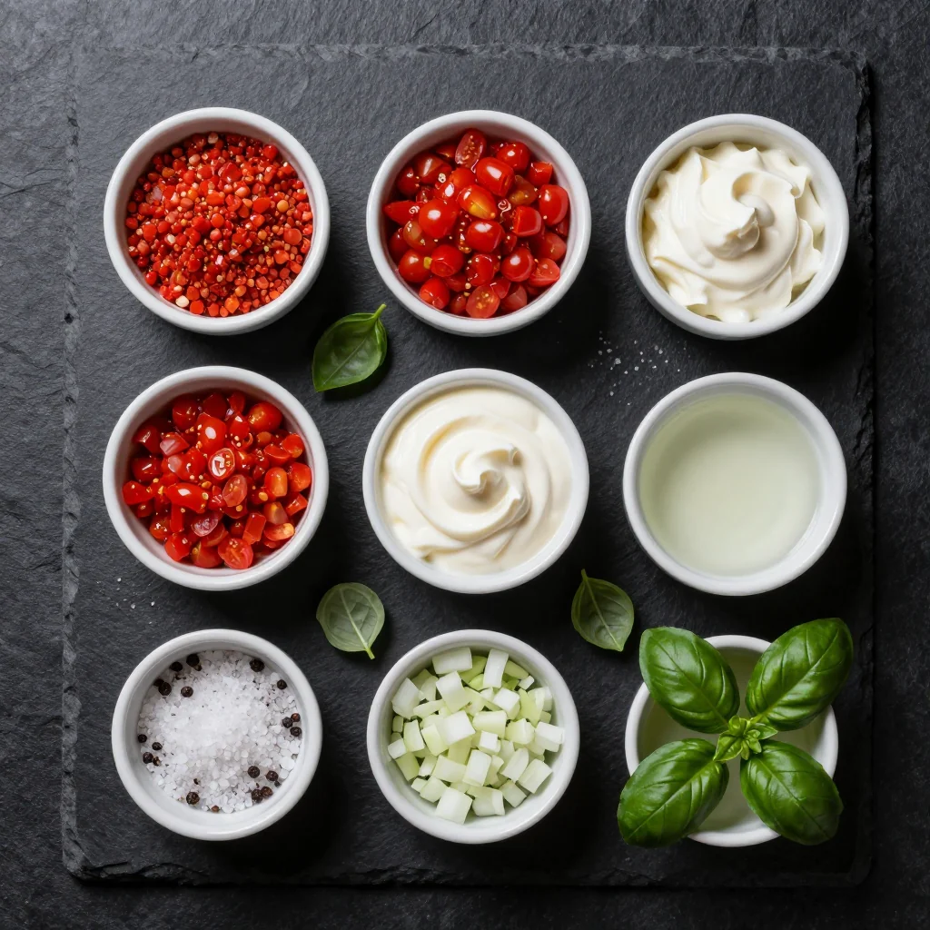 Sun-lit cutting board with ripe tomatoes, heavy cream in a glass pitcher, fresh basil leaves, and a crusty loaf of bread