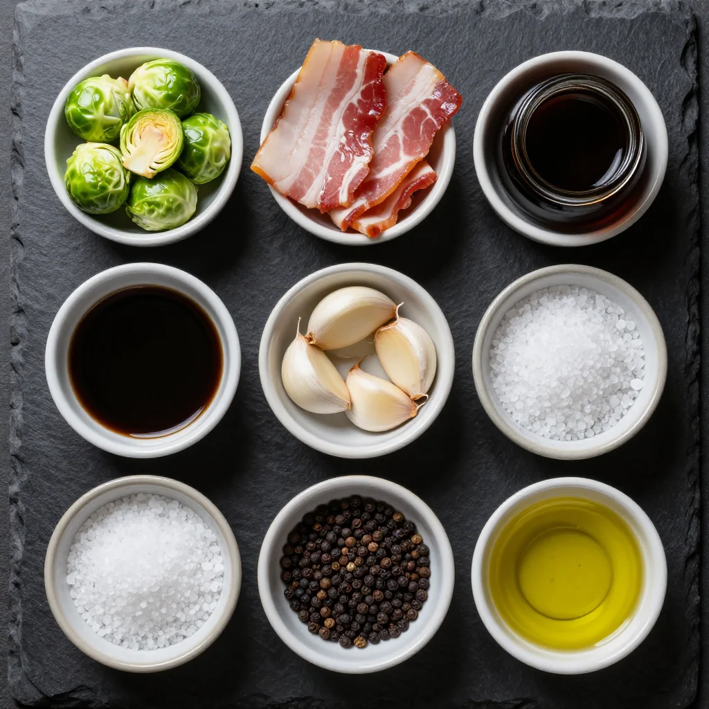 Ingredients for crispy brussels sprouts with bacon and balsamic glaze for festive sides