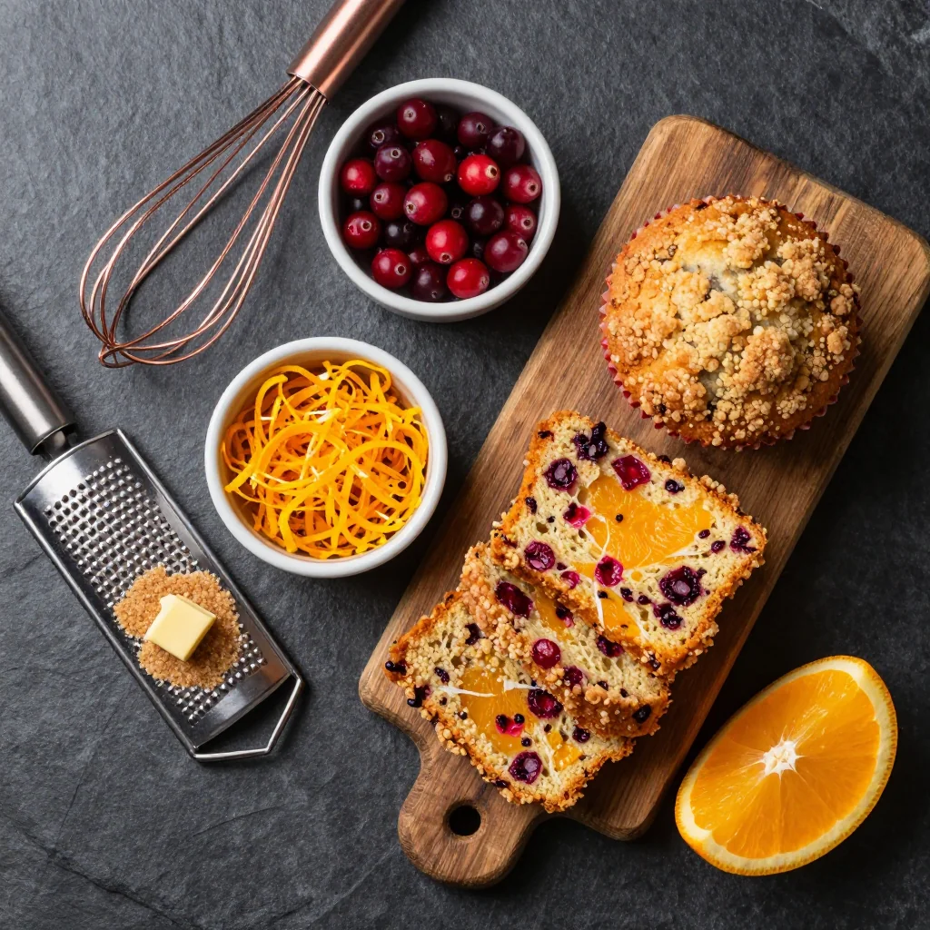 Ingredients for festive orange cranberry muffins with streusel crumble for brunch
