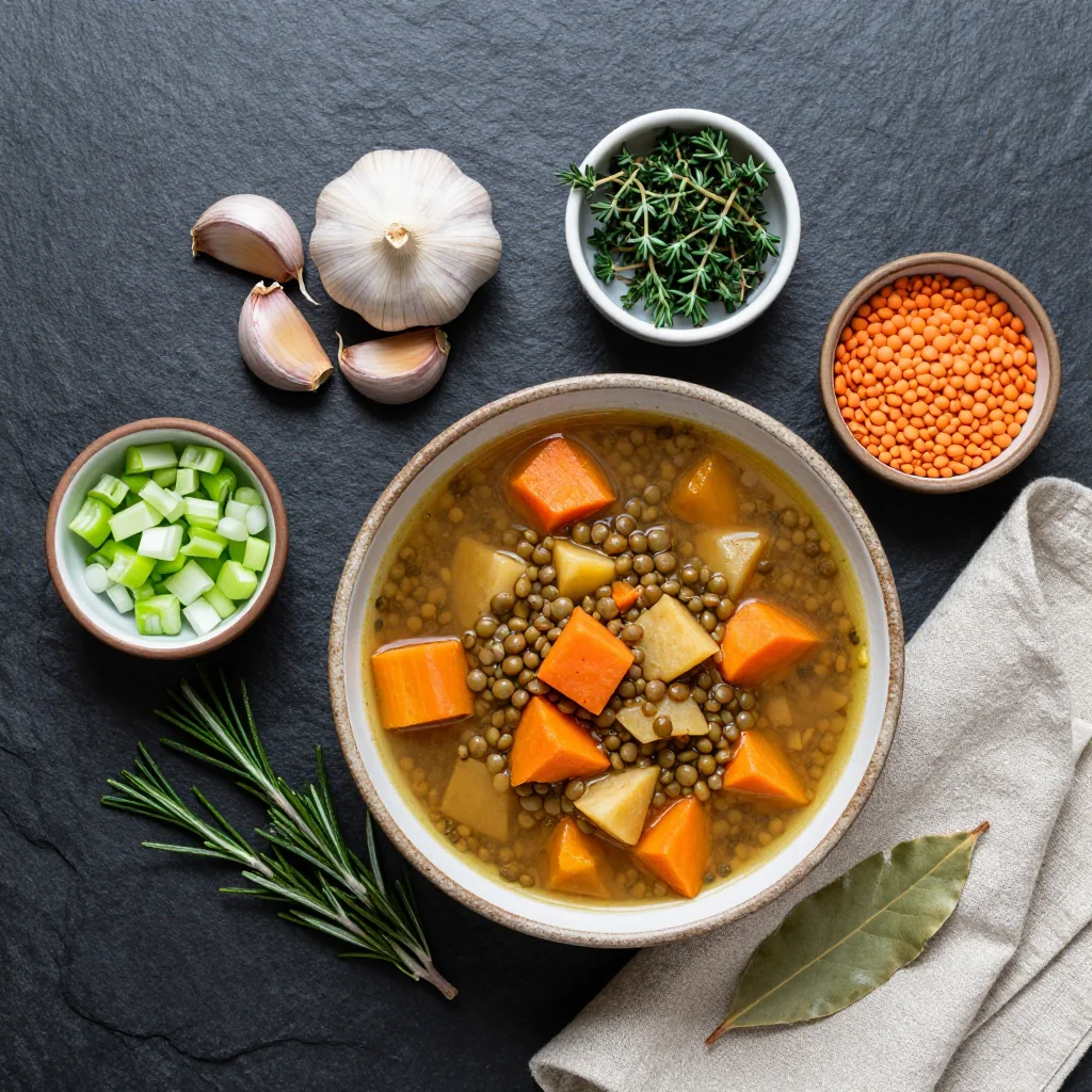 Ingredients for healthy batch-cooked lentil and root vegetable soup with garlic and herbs