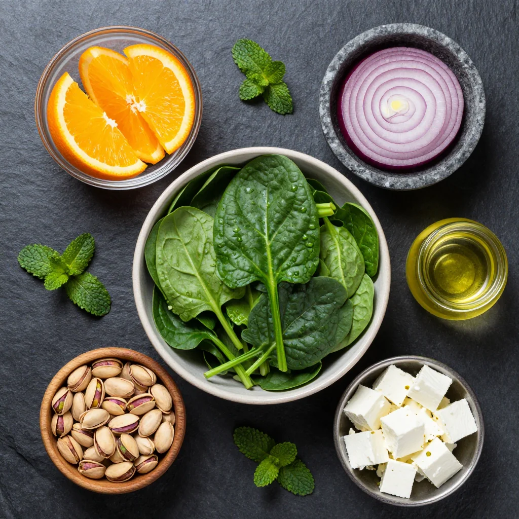 Ingredients for healthy citrus and herb spinach and orange salad for new years reset