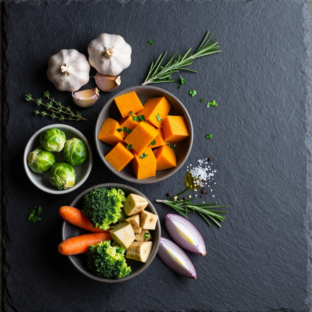 Ingredients for healthy garlic roasted winter vegetable medley with fresh herbs