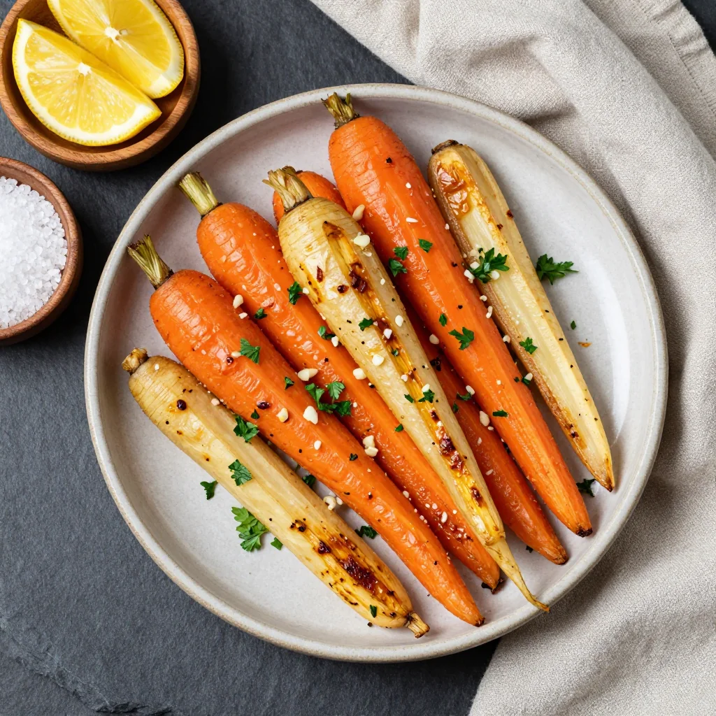 Ingredients for healthy lemon garlic roasted carrots and parsnips for whole30 meals