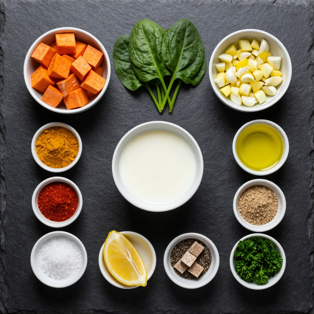 Ingredients for healthy one pot spinach and sweet potato soup for cold days