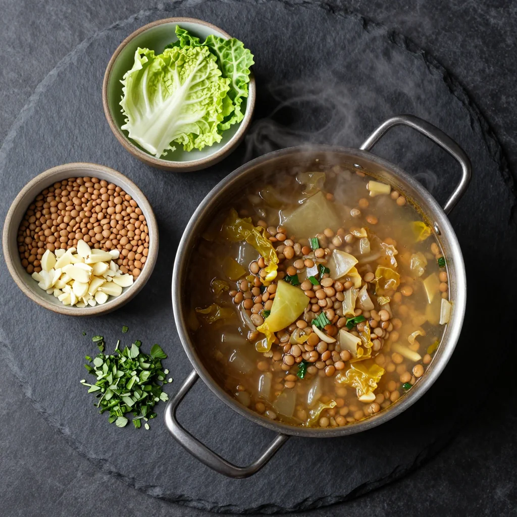 Ingredients for healthy one-pot lentil and cabbage soup with garlic and fresh herbs