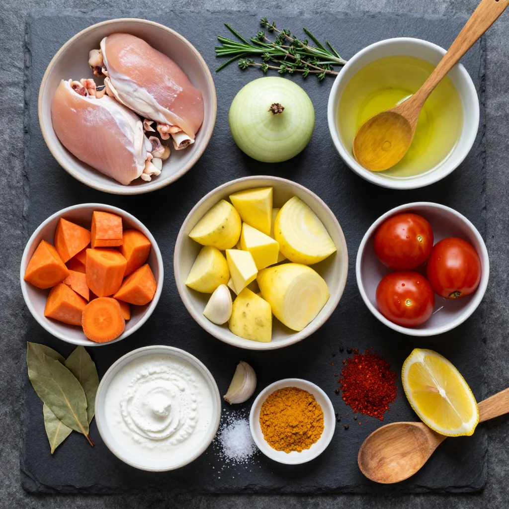 Ingredients for healthy slow cooker chicken and root vegetable stew for cold evenings