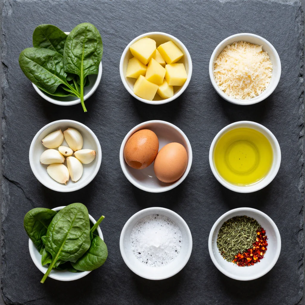 Fresh spinach, potatoes, eggs, and other ingredients arranged on a wooden board