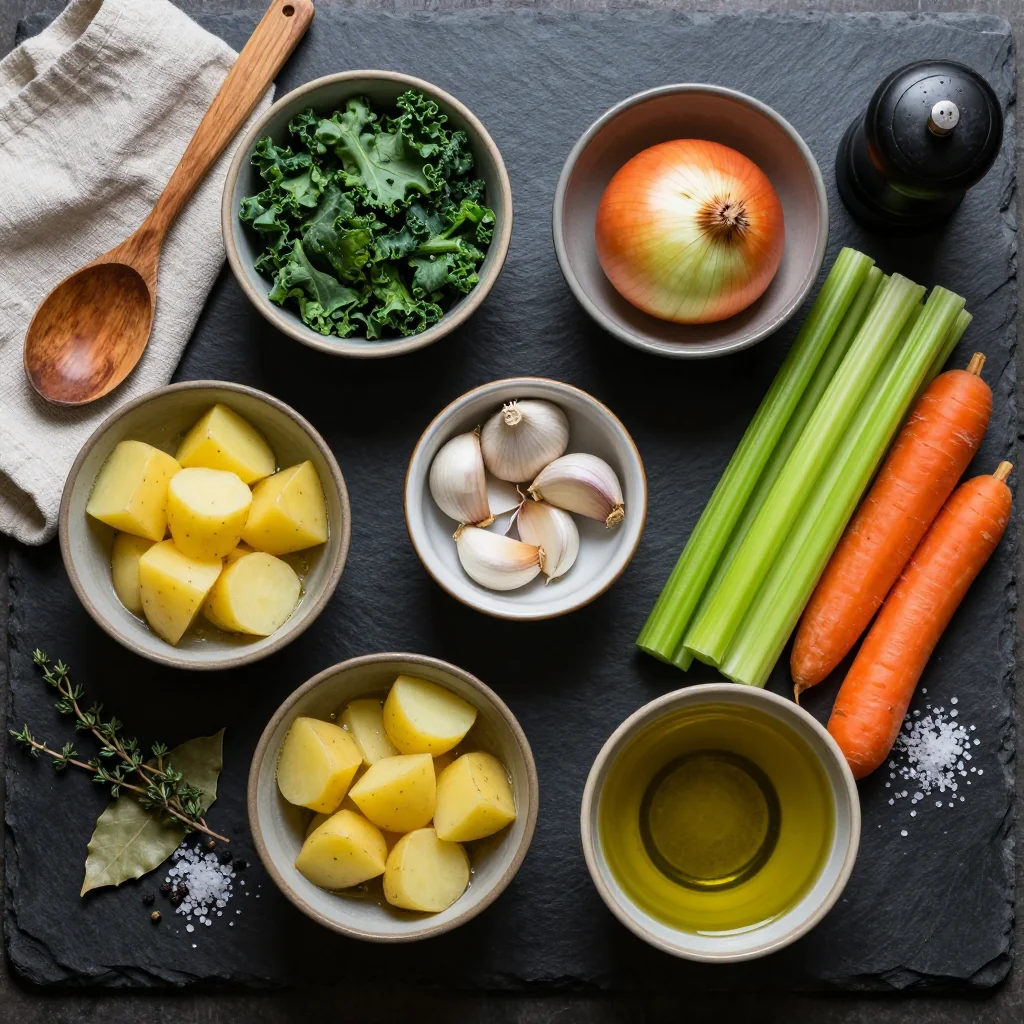 Ingredients for hearty potato and kale soup perfect for cold january nights