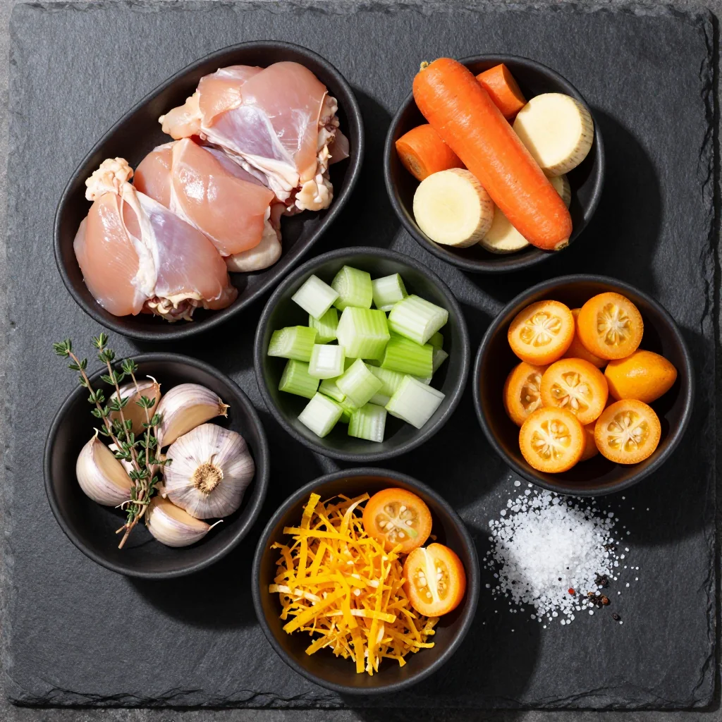 Ingredients for hearty slow cooker chicken stew with root vegetables and citrus