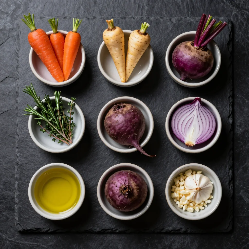 Ingredients for herb-roasted root vegetable medley with caramelized onions for holidays