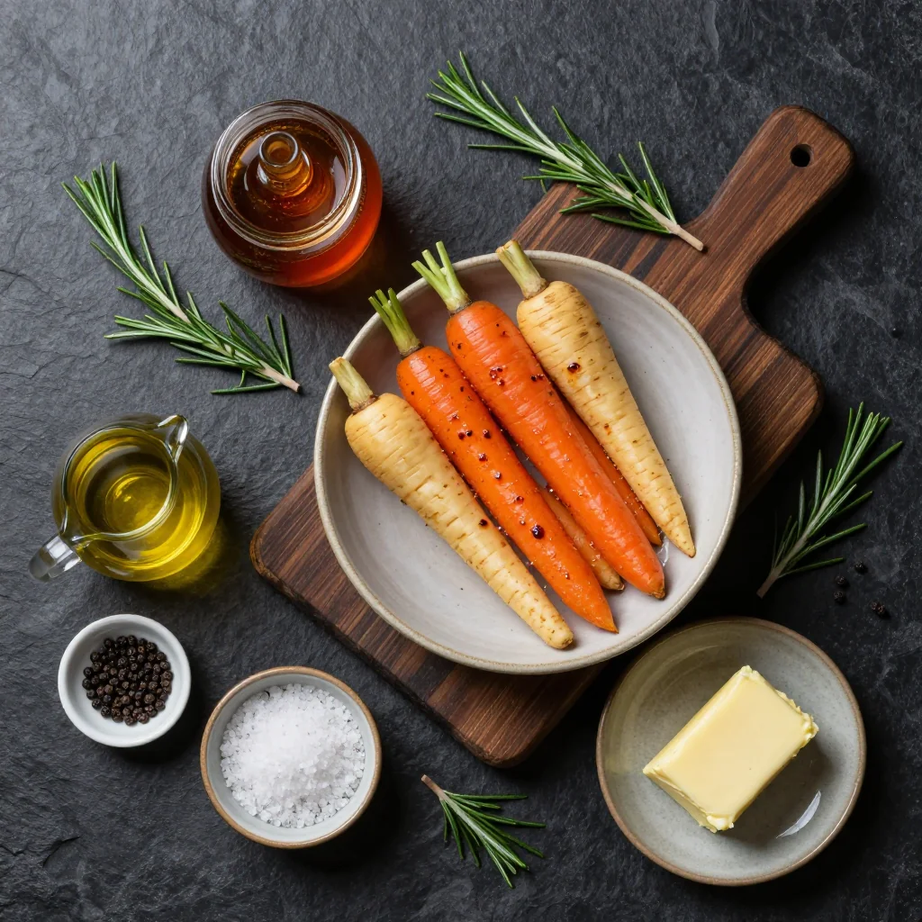 Ingredients for maple glazed carrots and parsnips