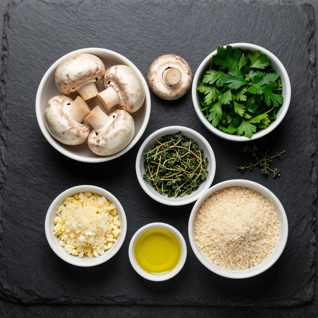 Ingredients for new year's eve stuffed mushrooms with garlic and herbs for entertaining