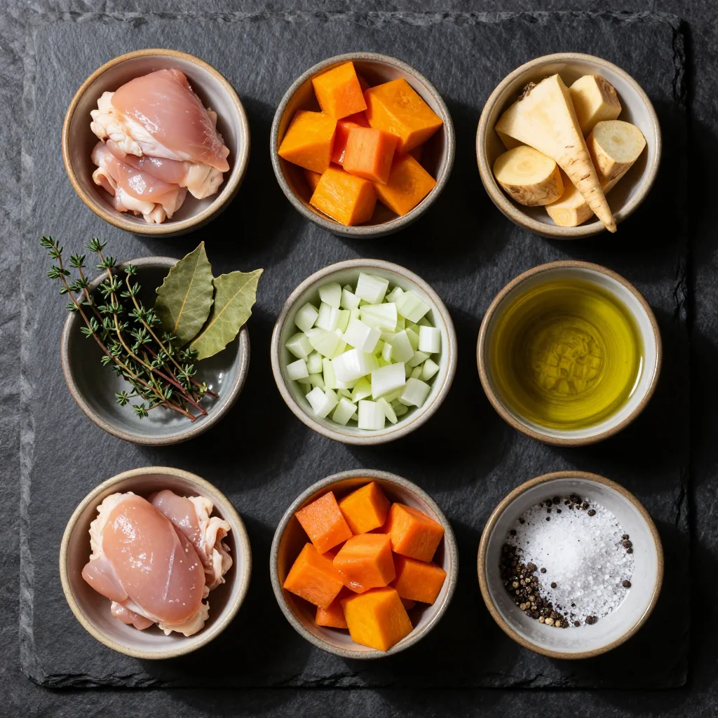 Ingredients for one pot chicken and winter vegetable casserole for easy weeknight dinners