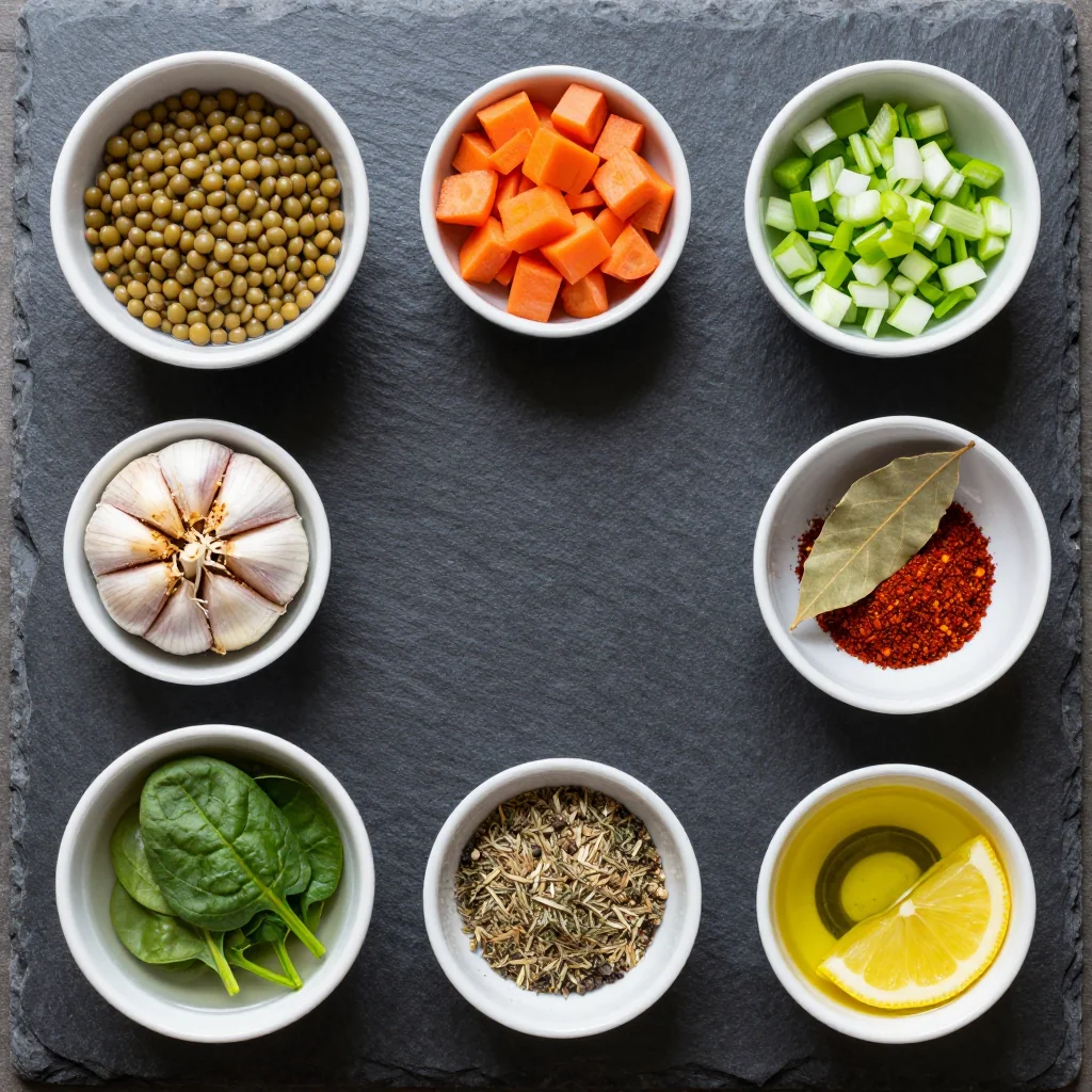 Ingredients for onepot lentil and spinach stew with root vegetables for clean eating