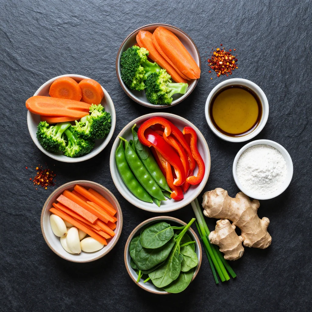 Ingredients for pantry cleanout vegetable stirfry with garlic and spinach