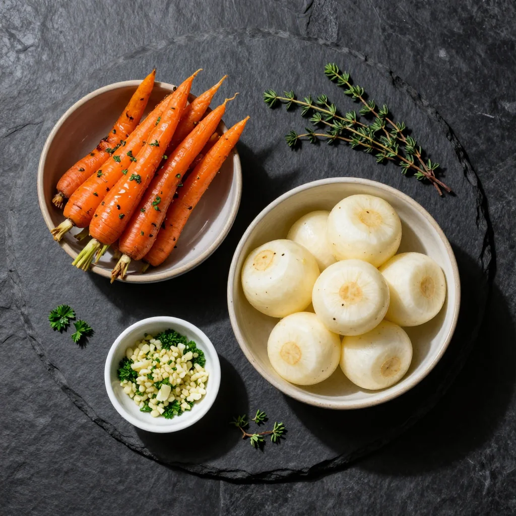 Ingredients for roasted garlic and herb carrots with turnips for family suppers