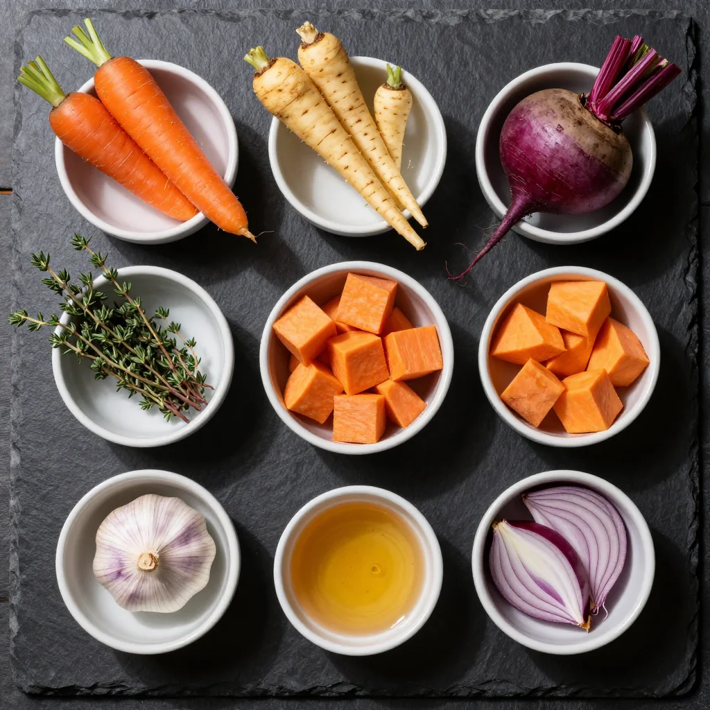 Ingredients for roasted root vegetable medley with maple glaze for winter side dishes