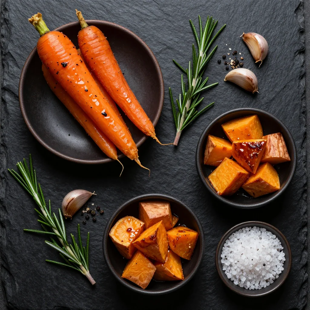 Ingredients for roasted winter root vegetables with garlic and rosemary for comfort food