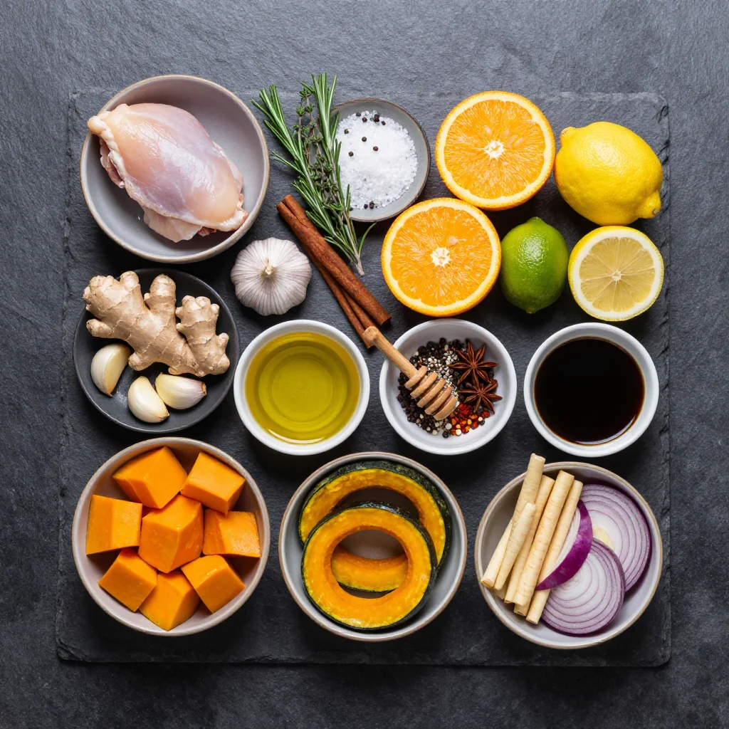 Ingredients for slow cooker citrus chicken with roasted winter squash and parsnips