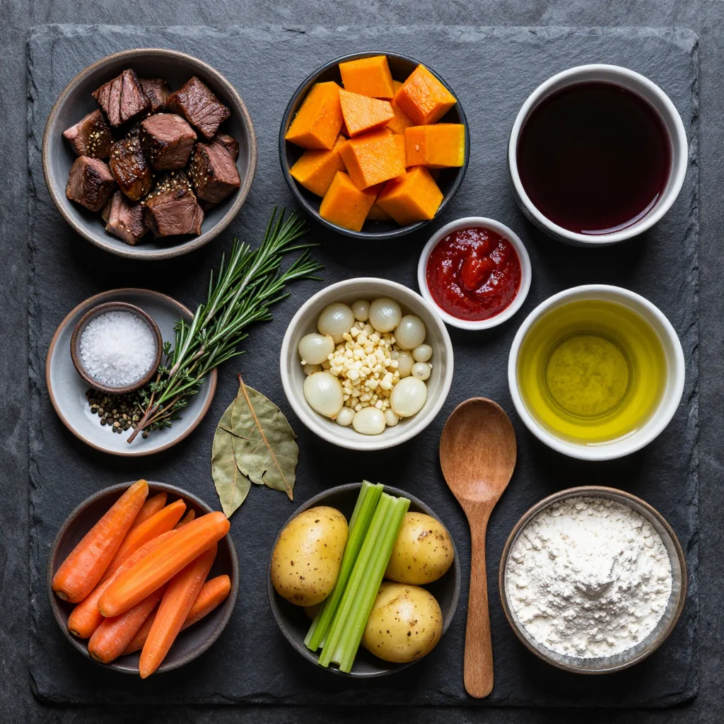 Ingredients for slow cooker comfort food with beef and winter squash stew for january