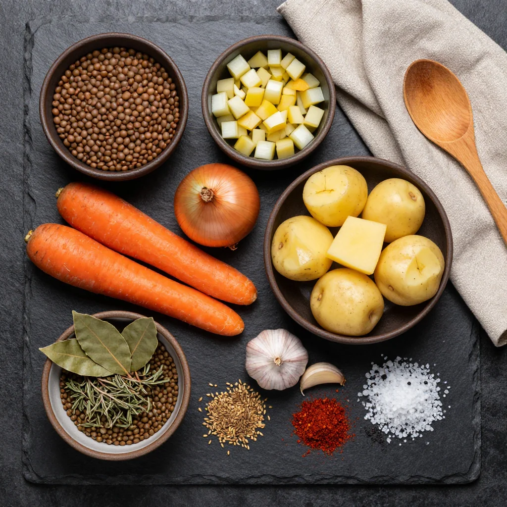 Ingredients for slow cooker lentil and root vegetable soup for cozy winter nights