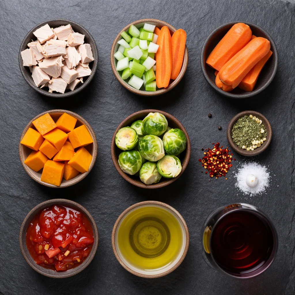 Ingredients for slow cooker turkey and winter vegetable cacciatore for budgetfriendly meals