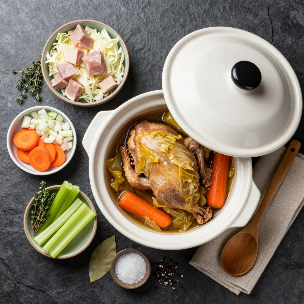 Ingredients for slow cooker turkey stew with cabbage and carrots for family suppers