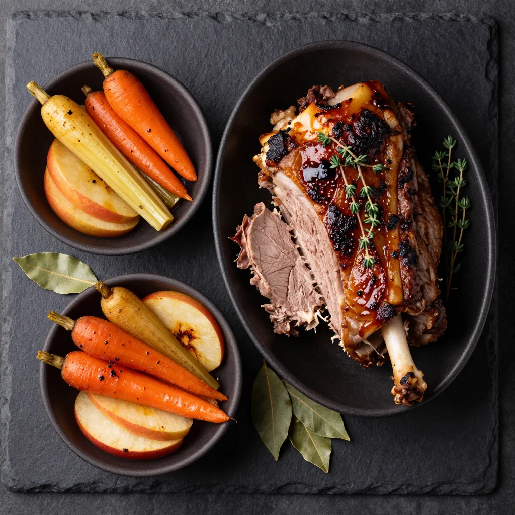 Ingredients for slow-roasted pork shoulder with apples and root vegetables