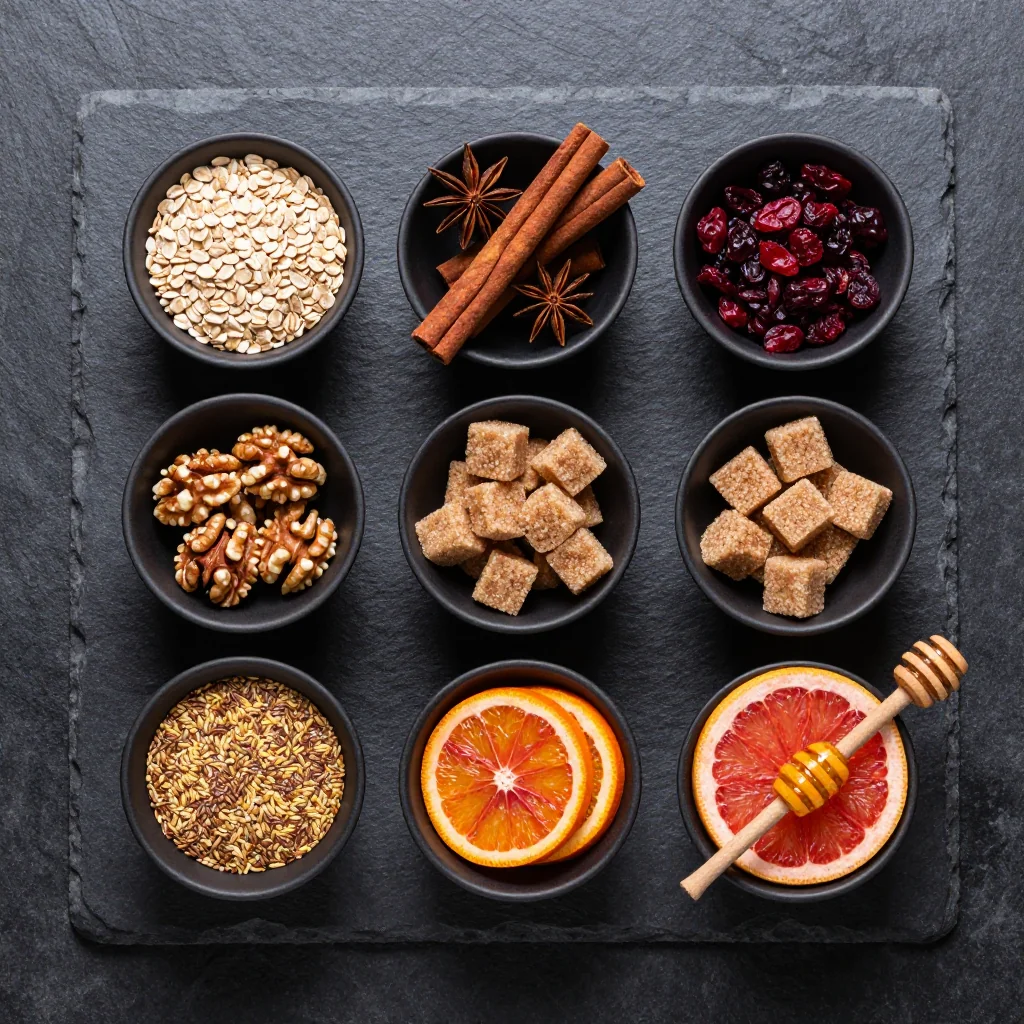 Ingredients for warm breakfasts with slow cooker oatmeal and seasonal citrus fruits