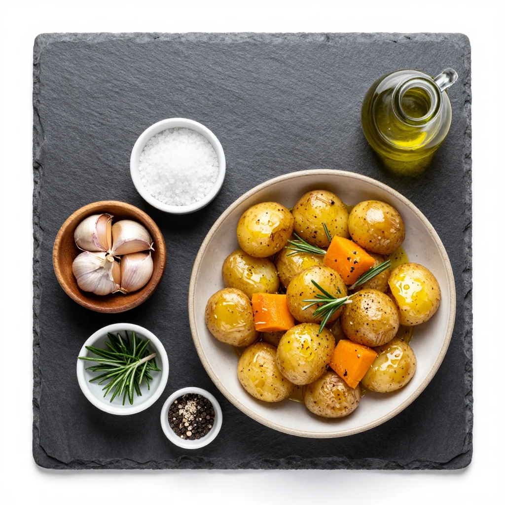 Ingredients for warm garlic and rosemary roasted potato and winter squash