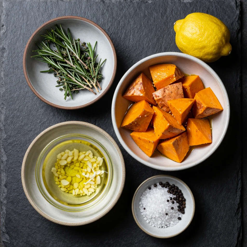 Ingredients for warm garlic roasted winter squash and sweet potatoes for clean eating