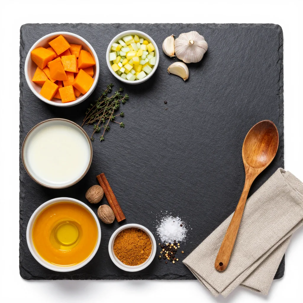 Ingredients for warm spiced pumpkin soup with toasted pepitas for cozy winter meals