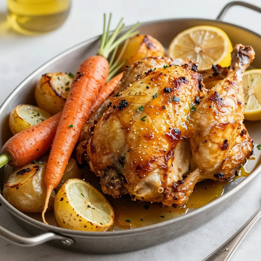baked garlic lemon chicken with roasted root vegetables for comfort food